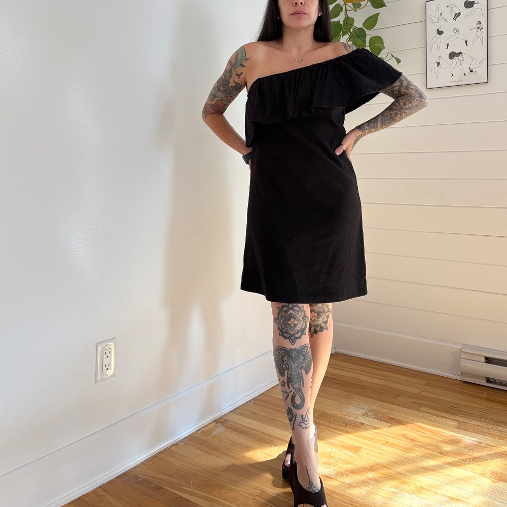 7 for all mankind linen blend one shoulder dress